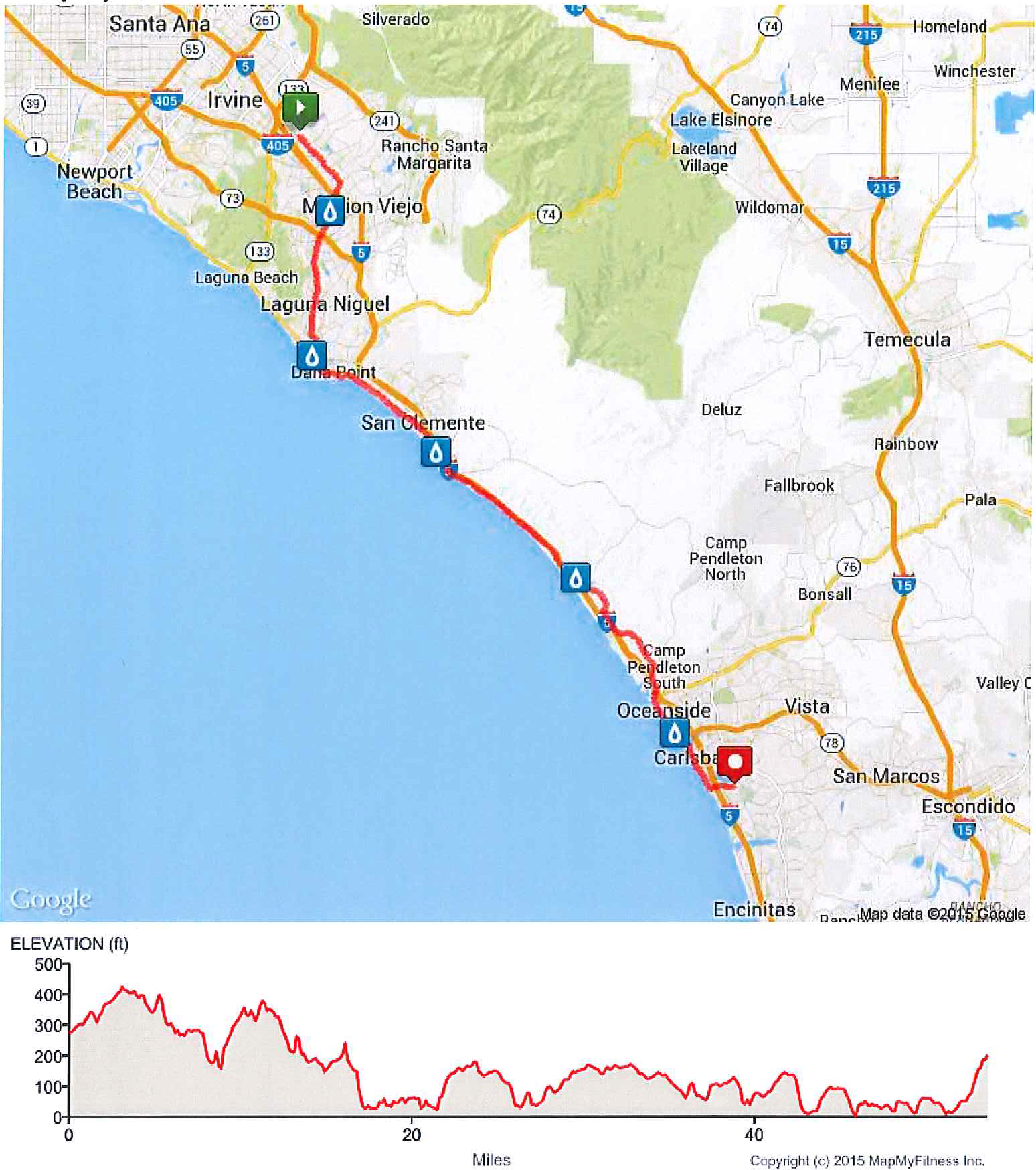 Day 1 50-Mile Route Map and Elevation Profile